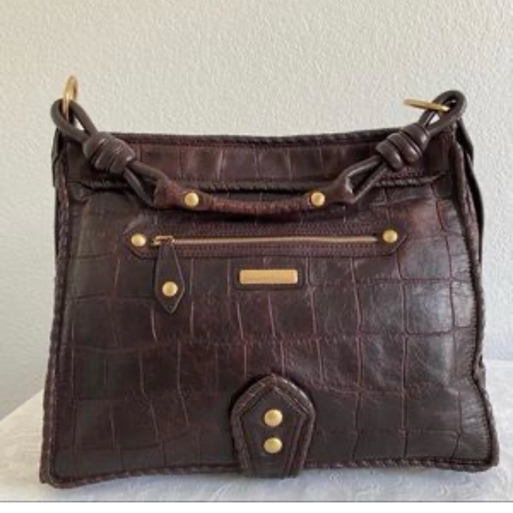(.  Sold ).    Isabella  Fiore Brown Crocodile Embossed Leather Shoulder Bag,
